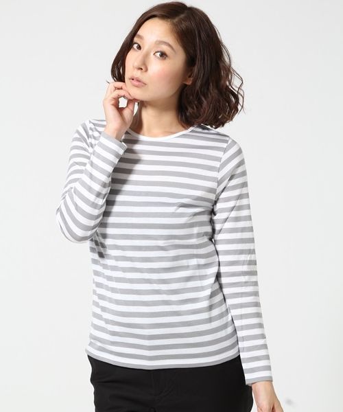 SQUOVAL（スクオーバル）の「スーピマボーダーロングTシャツ（Tシャツ/カットソー・レディース・ライトグレー/グリーン系その他/グレー系その他/ブラック/ネイビー/オレンジ系その他/ホワイト系その他・FREE）」の4枚目の写真