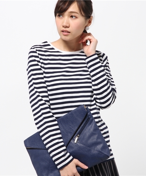 SQUOVAL（スクオーバル）の「スーピマボーダーロングTシャツ（Tシャツ/カットソー・レディース・ライトグレー/グリーン系その他/グレー系その他/ブラック/ネイビー/オレンジ系その他/ホワイト系その他・FREE）」の7枚目の写真