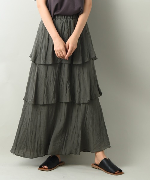 INTERPLANET（インタープラネット）の「ＲＴスラブクリンクル加工ティアードスカート（スカート・レディース・チャコールグレー/カーキ/ベージュ・FREE）」の3枚目の写真