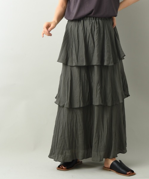 INTERPLANET（インタープラネット）の「ＲＴスラブクリンクル加工ティアードスカート（スカート・レディース・チャコールグレー/カーキ/ベージュ・FREE）」の6枚目の写真