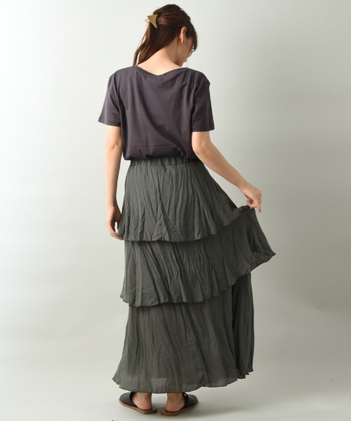 INTERPLANET（インタープラネット）の「ＲＴスラブクリンクル加工ティアードスカート（スカート・レディース・チャコールグレー/カーキ/ベージュ・FREE）」の9枚目の写真