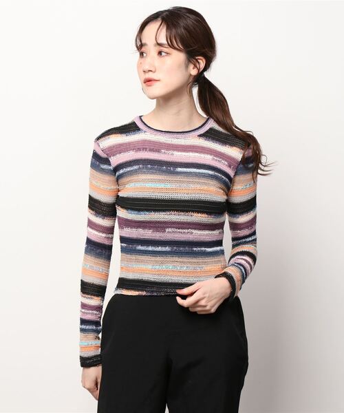 atmos pink（アトモスピンク）の「atmos pink ボーダーミニ丈トップス（Tシャツ/カットソー・レディース・イエロー/ピンク・FREE）」の2枚目の写真