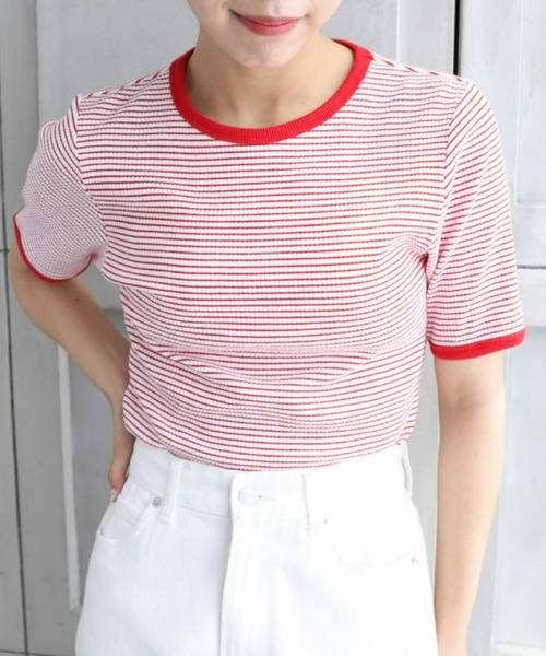 moment+(モーメントプラス)の「綿ストレッチリブボーダークルーネック 半袖Tシャツ(Tシャツ/カットソー・レディース・ブラック/レッド/グリーン/ピンク/ライトグリーン/ターコイズブルー・M)」の6枚目の写真