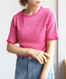 moment+ | 綿ストレッチリブボーダークルーネック 半袖Tシャツ*(Tシャツ/カットソー)