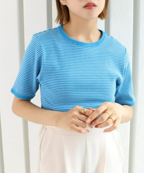 moment+(モーメントプラス)の「綿ストレッチリブボーダークルーネック 半袖Tシャツ(Tシャツ/カットソー・レディース・ブラック/レッド/グリーン/ピンク/ライトグリーン/ターコイズブルー・M)」の4枚目の写真