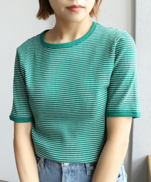moment+(モーメントプラス)の「綿ストレッチリブボーダークルーネック 半袖Tシャツ(Tシャツ/カットソー・レディース・ブラック/レッド/グリーン/ピンク/ライトグリーン/ターコイズブルー・M)」の3枚目の写真