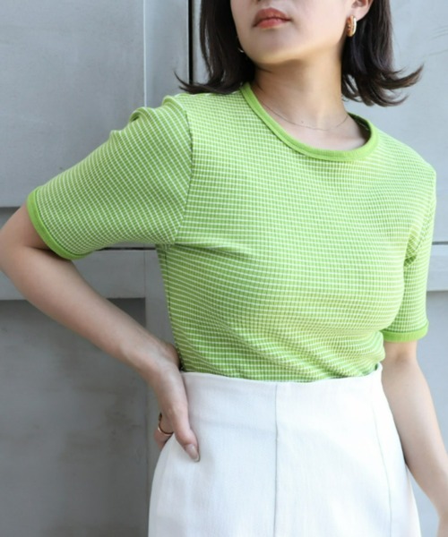 moment+(モーメントプラス)の「綿ストレッチリブボーダークルーネック 半袖Tシャツ(Tシャツ/カットソー・レディース・ブラック/レッド/グリーン/ピンク/ライトグリーン/ターコイズブルー・M)」の1枚目の写真