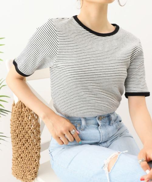 moment+(モーメントプラス)の「綿ストレッチリブボーダークルーネック 半袖Tシャツ(Tシャツ/カットソー・レディース・ブラック/レッド/グリーン/ピンク/ライトグリーン/ターコイズブルー・M)」の2枚目の写真