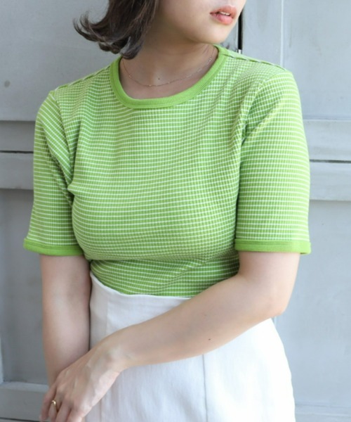 moment+(モーメントプラス)の「綿ストレッチリブボーダークルーネック 半袖Tシャツ(Tシャツ/カットソー・レディース・ブラック/レッド/グリーン/ピンク/ライトグリーン/ターコイズブルー・M)」の20枚目の写真