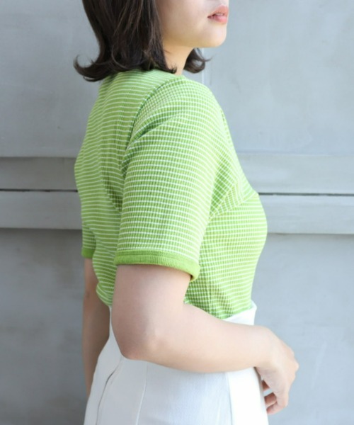 moment+(モーメントプラス)の「綿ストレッチリブボーダークルーネック 半袖Tシャツ(Tシャツ/カットソー・レディース・ブラック/レッド/グリーン/ピンク/ライトグリーン/ターコイズブルー・M)」の22枚目の写真
