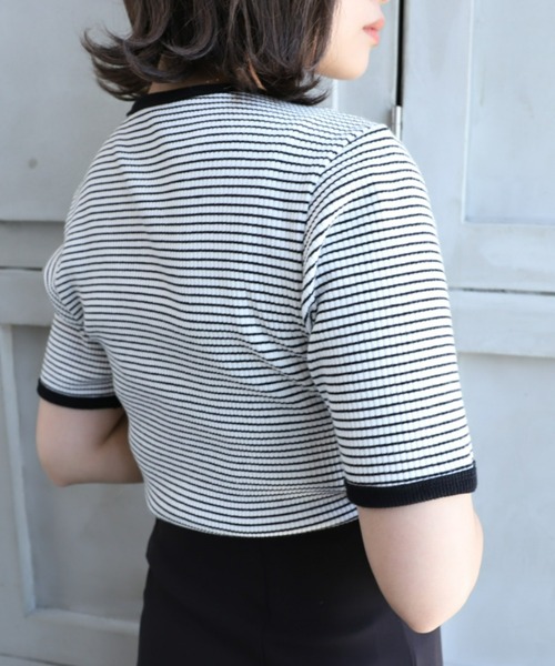 moment+(モーメントプラス)の「綿ストレッチリブボーダークルーネック 半袖Tシャツ(Tシャツ/カットソー・レディース・ブラック/レッド/グリーン/ピンク/ライトグリーン/ターコイズブルー・M)」の17枚目の写真