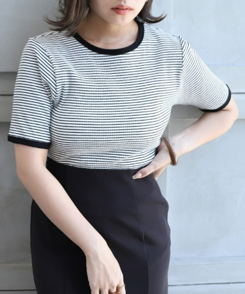 moment+(モーメントプラス)の「綿ストレッチリブボーダークルーネック 半袖Tシャツ(Tシャツ/カットソー・レディース・ブラック/レッド/グリーン/ピンク/ライトグリーン/ターコイズブルー・M)」の18枚目の写真