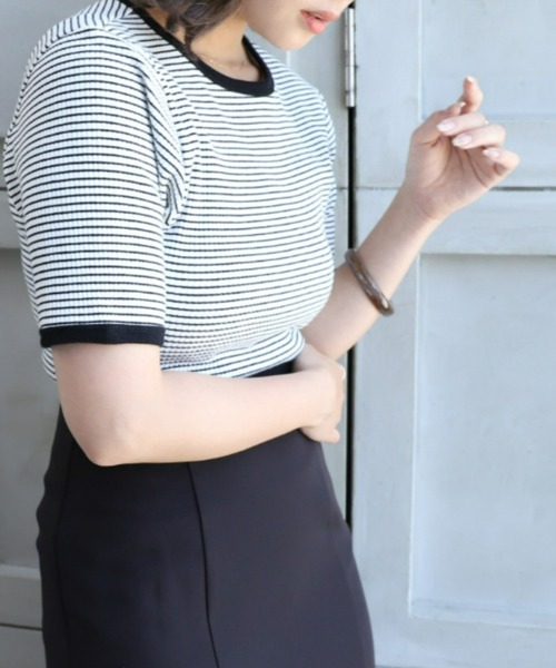 moment+(モーメントプラス)の「綿ストレッチリブボーダークルーネック 半袖Tシャツ(Tシャツ/カットソー・レディース・ブラック/レッド/グリーン/ピンク/ライトグリーン/ターコイズブルー・M)」の19枚目の写真