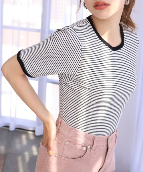 moment+(モーメントプラス)の「綿ストレッチリブボーダークルーネック 半袖Tシャツ(Tシャツ/カットソー・レディース・ブラック/レッド/グリーン/ピンク/ライトグリーン/ターコイズブルー・M)」の12枚目の写真
