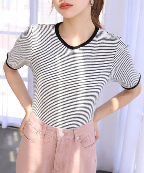 moment+(モーメントプラス)の「綿ストレッチリブボーダークルーネック 半袖Tシャツ(Tシャツ/カットソー・レディース・ブラック/レッド/グリーン/ピンク/ライトグリーン/ターコイズブルー・M)」の14枚目の写真