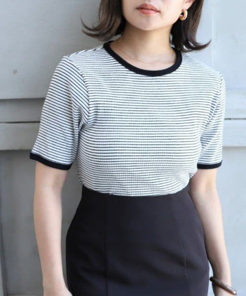 moment+(モーメントプラス)の「綿ストレッチリブボーダークルーネック 半袖Tシャツ(Tシャツ/カットソー・レディース・ブラック/レッド/グリーン/ピンク/ライトグリーン/ターコイズブルー・M)」の16枚目の写真