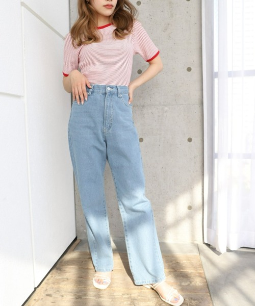 moment+(モーメントプラス)の「綿ストレッチリブボーダークルーネック 半袖Tシャツ(Tシャツ/カットソー・レディース・ブラック/レッド/グリーン/ピンク/ライトグリーン/ターコイズブルー・M)」の7枚目の写真