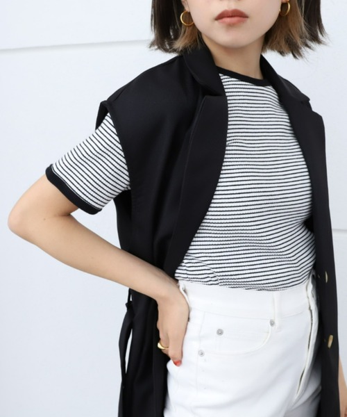 moment+(モーメントプラス)の「綿ストレッチリブボーダークルーネック 半袖Tシャツ(Tシャツ/カットソー・レディース・ブラック/レッド/グリーン/ピンク/ライトグリーン/ターコイズブルー・M)」の9枚目の写真