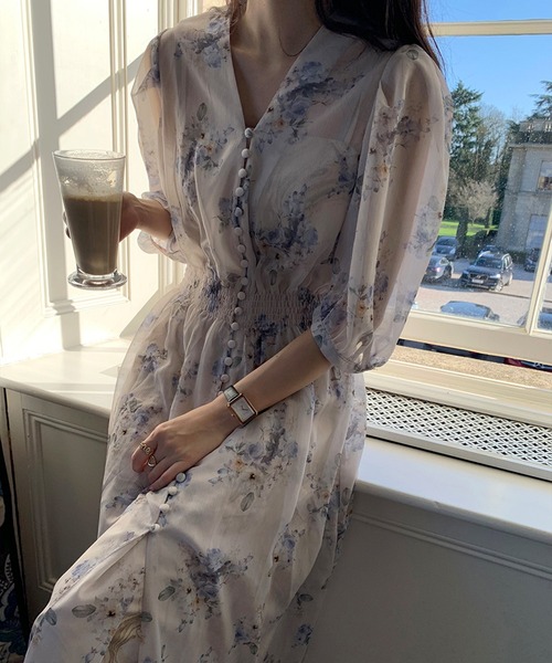 Leja（レジャ）の「【LEJA】Vネック花柄透け感ロングワンピース（ワンピース・レディース・グレー/ブルー・FREE）」の13枚目の写真