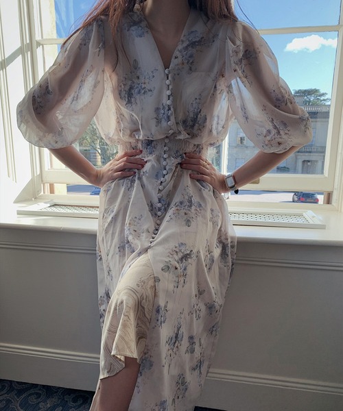 Leja（レジャ）の「【LEJA】Vネック花柄透け感ロングワンピース（ワンピース・レディース・グレー/ブルー・FREE）」の14枚目の写真