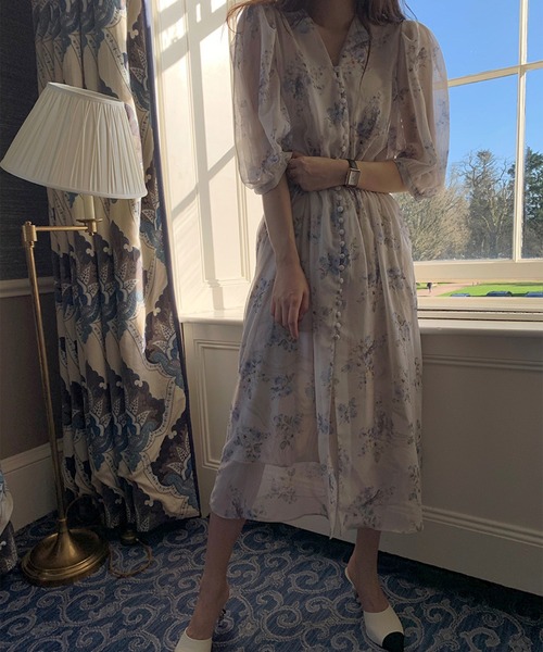 Leja（レジャ）の「【LEJA】Vネック花柄透け感ロングワンピース（ワンピース・レディース・グレー/ブルー・FREE）」の15枚目の写真