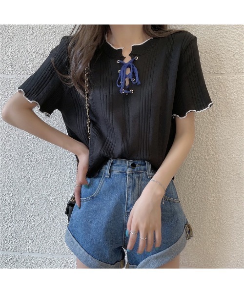 SpRay（スプレイ）の「テレコレースアップショートスリーブ（Tシャツ/カットソー・レディース・ホワイト/アイボリー/ブラック/イエロー/ネイビー・FREE）」の7枚目の写真