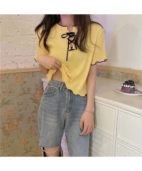 SpRay（スプレイ）の「テレコレースアップショートスリーブ（Tシャツ/カットソー・レディース・ホワイト/アイボリー/ブラック/イエロー/ネイビー・FREE）」の9枚目の写真