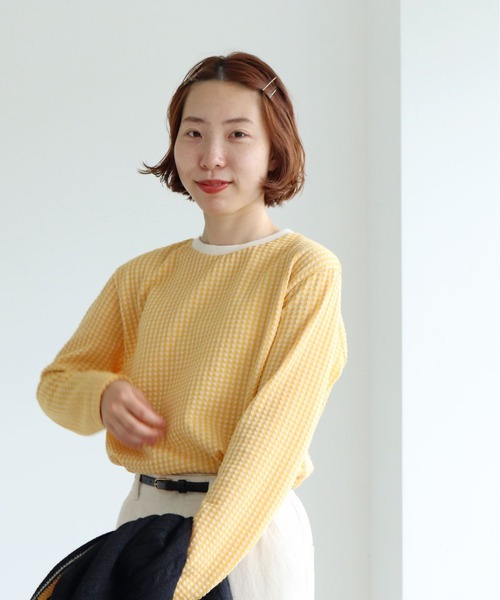 PAR ICI(パーリッシィ)の「ギンガムジャガード クルーネックカットソー(Tシャツ/カットソー・レディース・ブラック/イエロー/サックスブルー/レッド/グリーン系その他/その他/オレンジ/ブルー/ネイビー/ブラウン/ピンク/ミント/ピンク系その他/ベージュ/カーキ・FREE)」の10枚目の写真