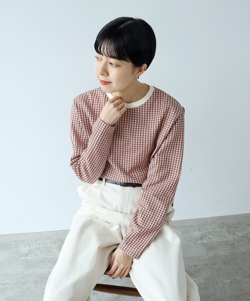 tシャツ ギンガムジャガード クルーネックカットソー レディース ギンガムジャガード クルーネックカットソー（Tシャツ