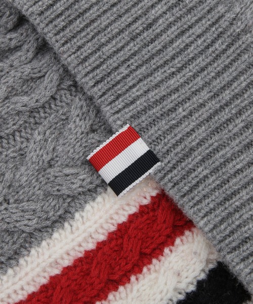 ARAN CABLE SCARF W/ RWB STRIPE IN MERINO WOOL