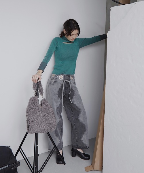 musubore（ムスボレ）の「ポストタートルニット（ニット/セーター・レディース・ホワイト×ブラック/パープル/グリーン・FREE）」の21枚目の写真