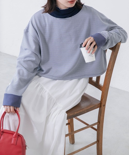 BONLECILL(ボンルシール)の「起毛ミニボーダー クロップドボートネックプルオーバー(Tシャツ/カットソー・レディース・ネイビー/ピンク/ブラック/ブルー・FREE)」の1枚目の写真