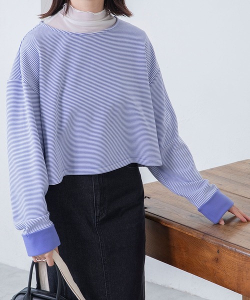 BONLECILL(ボンルシール)の「起毛ミニボーダー クロップドボートネックプルオーバー(Tシャツ/カットソー・レディース・ネイビー/ピンク/ブラック/ブルー・FREE)」の3枚目の写真