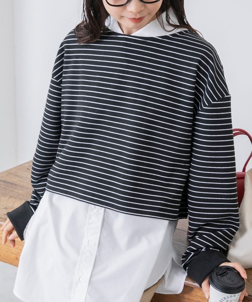 BONLECILL(ボンルシール)の「起毛ミニボーダー クロップドボートネックプルオーバー(Tシャツ/カットソー・レディース・ネイビー/ピンク/ブラック/ブルー・FREE)」の2枚目の写真