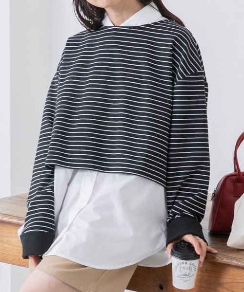 BONLECILL(ボンルシール)の「起毛ミニボーダー クロップドボートネックプルオーバー(Tシャツ/カットソー・レディース・ネイビー/ピンク/ブラック/ブルー・FREE)」の5枚目の写真
