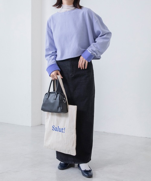 BONLECILL(ボンルシール)の「起毛ミニボーダー クロップドボートネックプルオーバー(Tシャツ/カットソー・レディース・ネイビー/ピンク/ブラック/ブルー・FREE)」の13枚目の写真