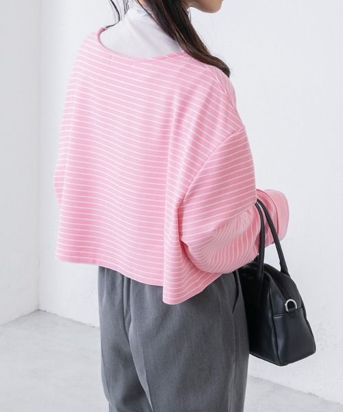BONLECILL(ボンルシール)の「起毛ミニボーダー クロップドボートネックプルオーバー(Tシャツ/カットソー・レディース・ネイビー/ピンク/ブラック/ブルー・FREE)」の14枚目の写真
