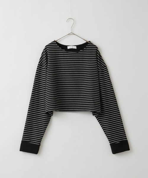 BONLECILL(ボンルシール)の「起毛ミニボーダー クロップドボートネックプルオーバー(Tシャツ/カットソー・レディース・ネイビー/ピンク/ブラック/ブルー・FREE)」の9枚目の写真