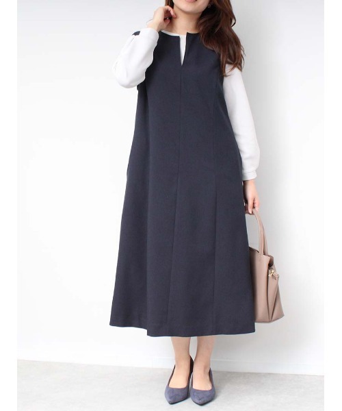 fleur by mint breeze（フルールバイミントブリーズ）の「【L～5L 大きいサイズ】麻調 Ａライン ジャンスカ（ワンピース・レディース・ネイビー/キャメル・LL/3L/4L/5L/L）」の5枚目の写真