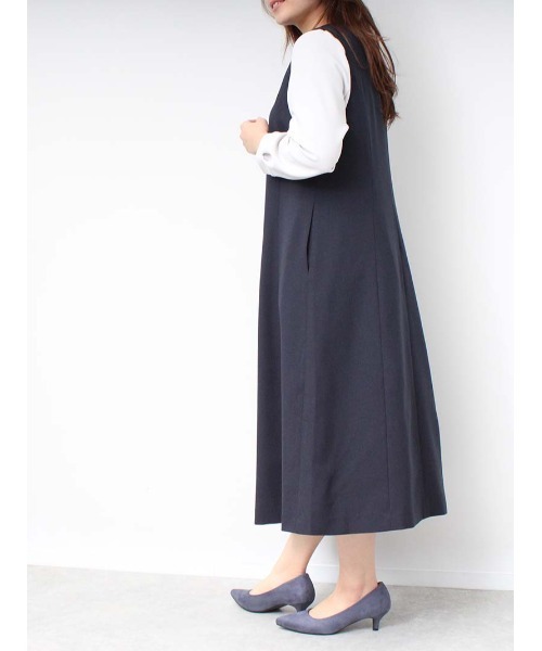fleur by mint breeze（フルールバイミントブリーズ）の「【L～5L 大きいサイズ】麻調 Ａライン ジャンスカ（ワンピース・レディース・ネイビー/キャメル・LL/3L/4L/5L/L）」の6枚目の写真