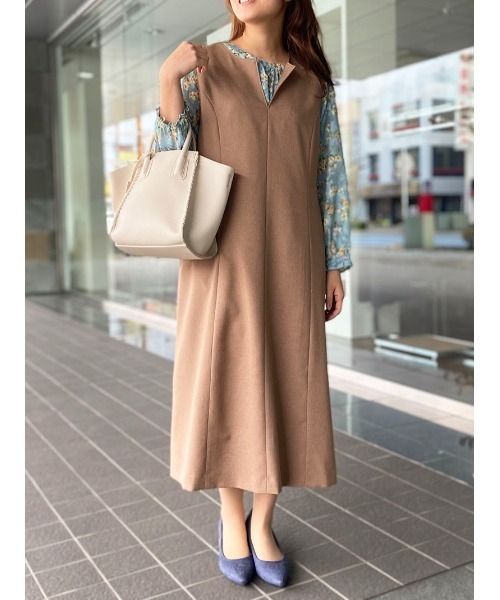 fleur by mint breeze（フルールバイミントブリーズ）の「【L～5L 大きいサイズ】麻調 Ａライン ジャンスカ（ワンピース・レディース・ネイビー/キャメル・LL/3L/4L/5L/L）」の9枚目の写真