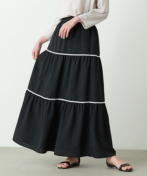 for/c（フォーシー）の「リネン風パイピングティアードスカート【サスティナブル】（スカート・レディース・ブラック/ベージュ・M/L）」の2枚目の写真