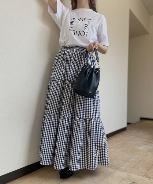 Reurie'(レウリィ)の「【ZOZO限定】ギンガムチェックスカート / ティアード フレア ロングスカート ロング丈 モノトーン ガーリー 大人カジュアル バレエコア ブラック ホワイト 白 黒 ウエストゴム(スカート・レディース・ブラック・FREE)」の9枚目の写真