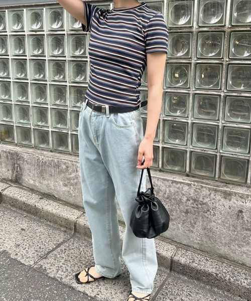 mebole(メボレ)の「リブコンパクトボーダートップス(Tシャツ/カットソー・レディース・ピンク/ネイビー/ホワイト/ブラウン・FREE)」の12枚目の写真