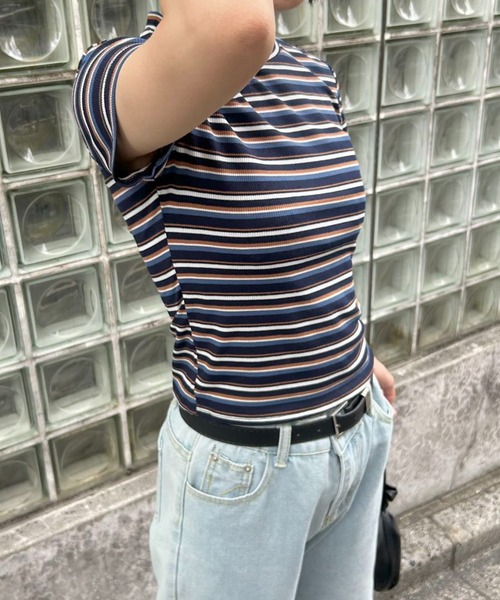 mebole(メボレ)の「リブコンパクトボーダートップス(Tシャツ/カットソー・レディース・ピンク/ネイビー/ホワイト/ブラウン・FREE)」の14枚目の写真