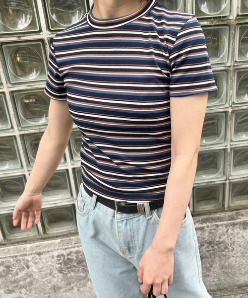 mebole(メボレ)の「リブコンパクトボーダートップス(Tシャツ/カットソー・レディース・ピンク/ネイビー/ホワイト/ブラウン・FREE)」の5枚目の写真