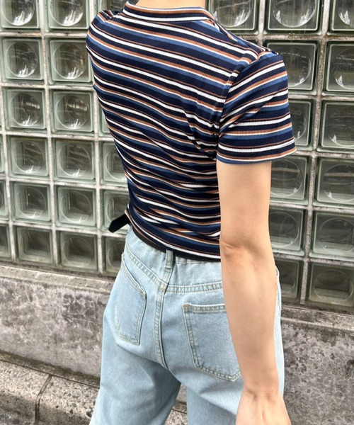 mebole(メボレ)の「リブコンパクトボーダートップス(Tシャツ/カットソー・レディース・ピンク/ネイビー/ホワイト/ブラウン・FREE)」の7枚目の写真
