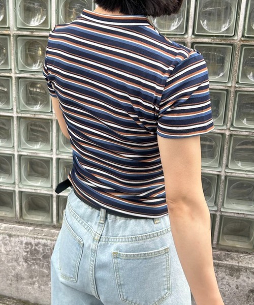 mebole(メボレ)の「リブコンパクトボーダートップス(Tシャツ/カットソー・レディース・ピンク/ネイビー/ホワイト/ブラウン・FREE)」の9枚目の写真