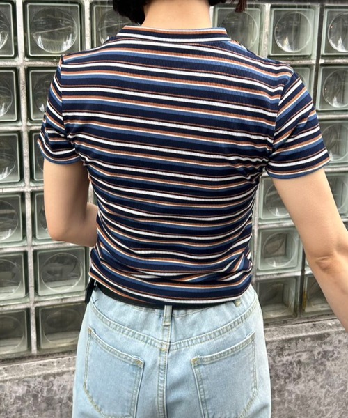 mebole(メボレ)の「リブコンパクトボーダートップス(Tシャツ/カットソー・レディース・ピンク/ネイビー/ホワイト/ブラウン・FREE)」の6枚目の写真