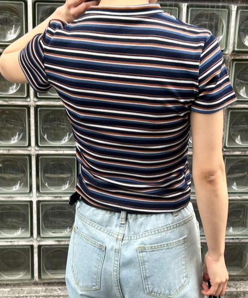 mebole(メボレ)の「リブコンパクトボーダートップス(Tシャツ/カットソー・レディース・ピンク/ネイビー/ホワイト/ブラウン・FREE)」の10枚目の写真